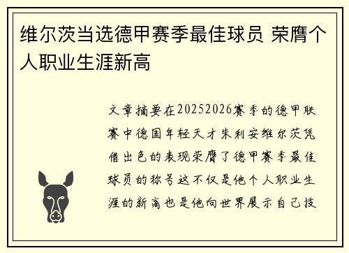 维尔茨当选德甲赛季最佳球员 荣膺个人职业生涯新高