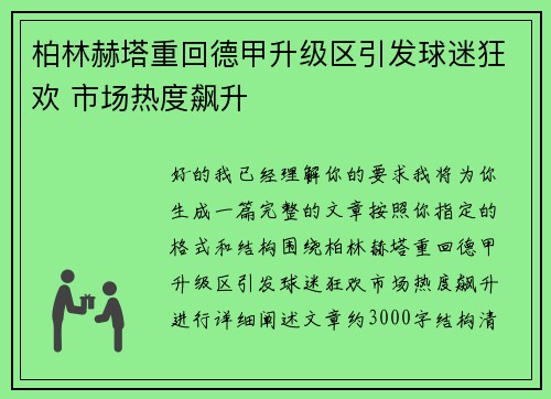 柏林赫塔重回德甲升级区引发球迷狂欢 市场热度飙升